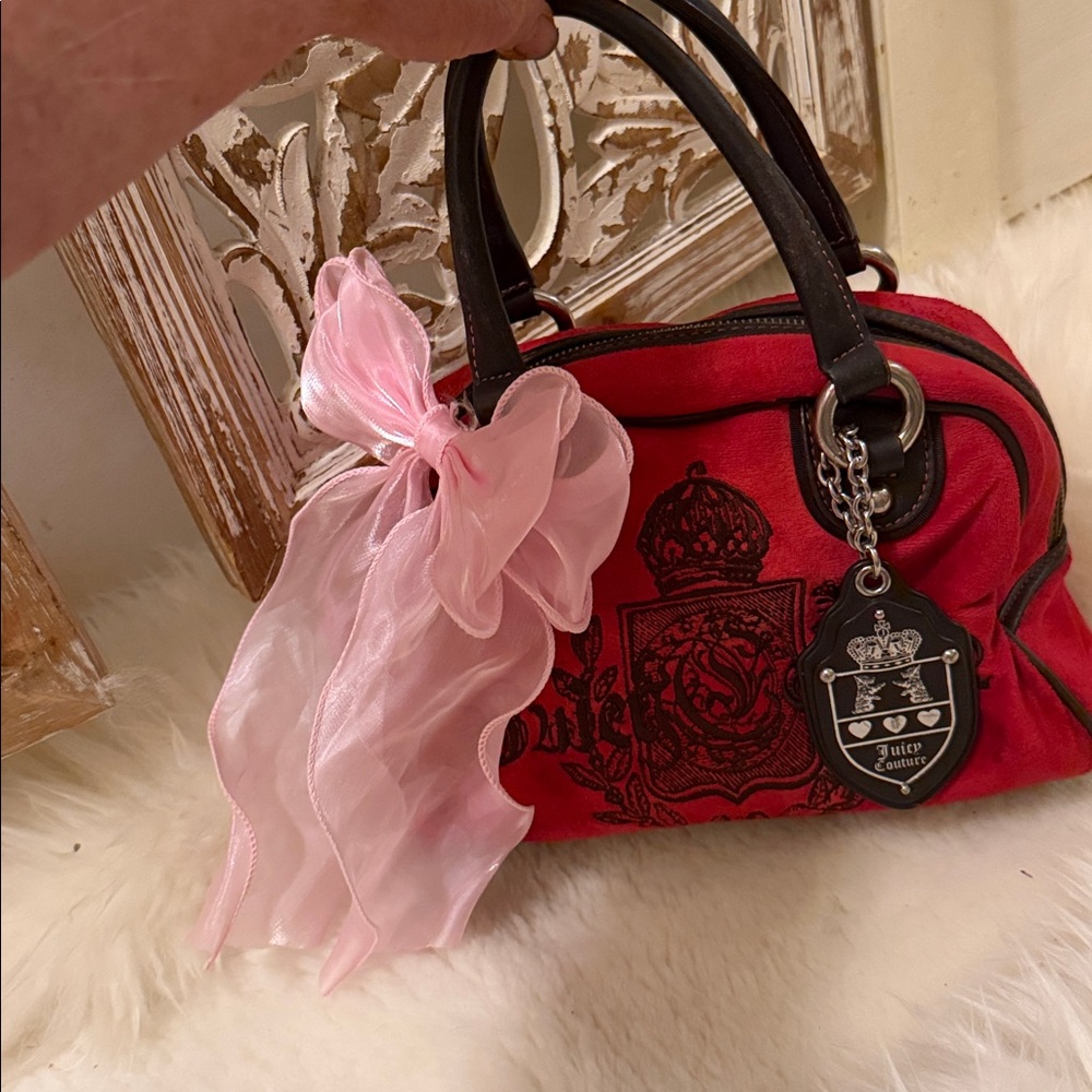Juicy Couture Red Velvet Bowler Bag with Black Trim and Crest Charm